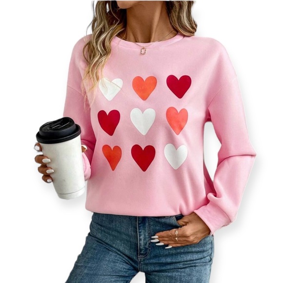 SHEIN Heart Graphic Sweatshirt Multi Colored Hearts Light Pink Valentines NWT - Picture 9 of 9